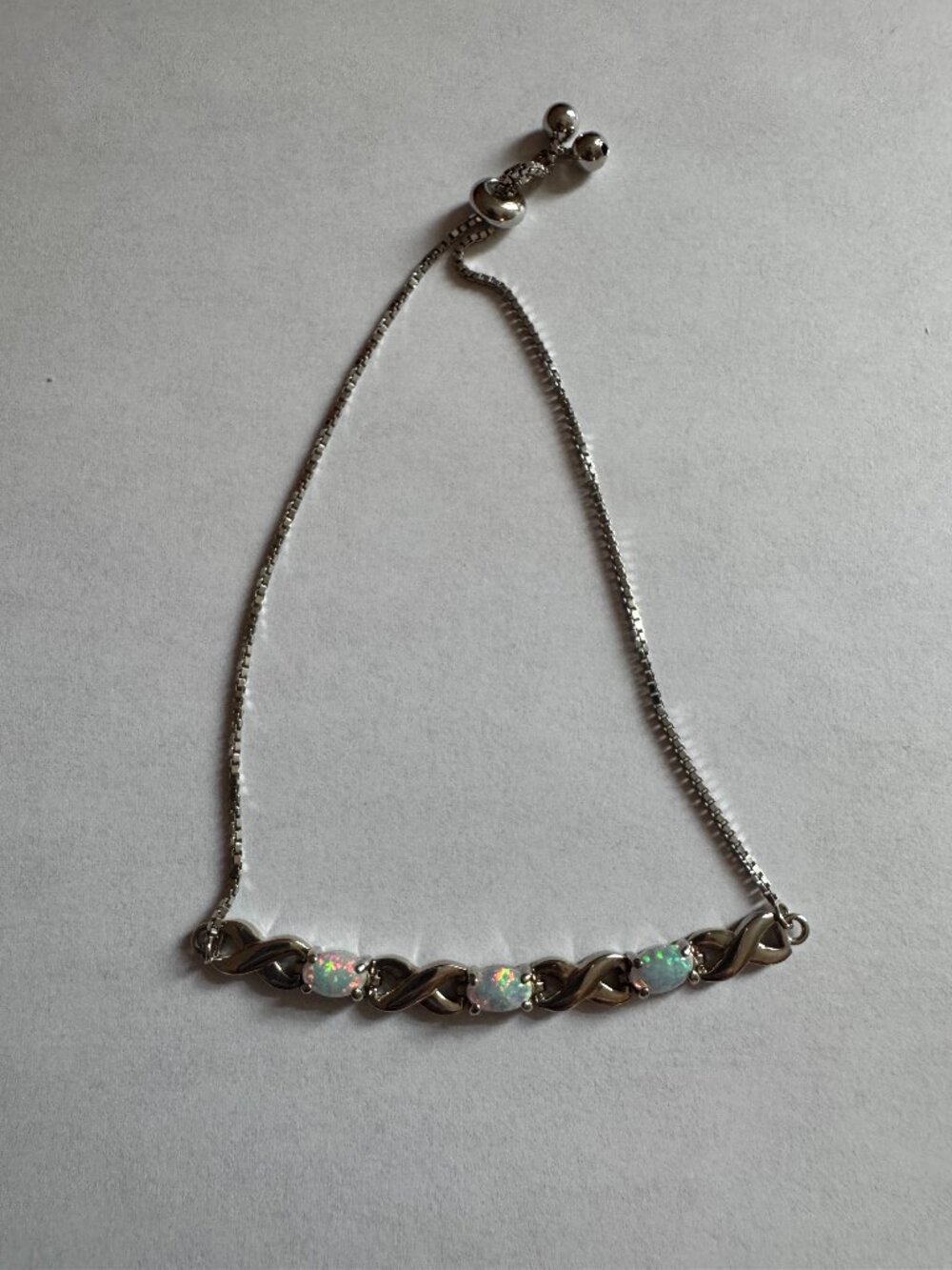 925 Sterling Silver Opal Bracelet Adjustable Bolo Three Stone Infinity
